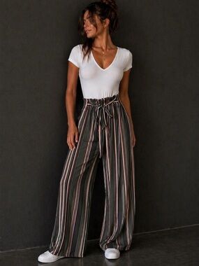 White V-Neck Tie Waist Wide Leg Jumpsuit Striped Pants Casual Chic Size S